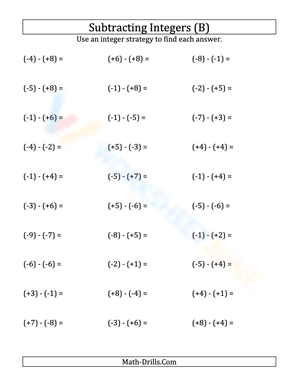 Integer Subtraction Practice with Parentheses