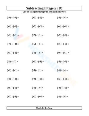 Subtract Integers with Parentheses (-9 to 9)