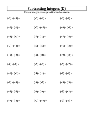 Subtract Integers with Parentheses (-9 to 9)