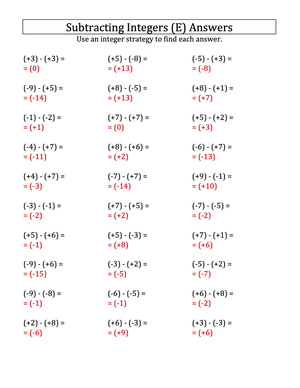 Subtracting Positive And Negative Integers Practice