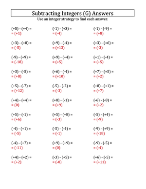 Integer Subtraction Practice Worksheet