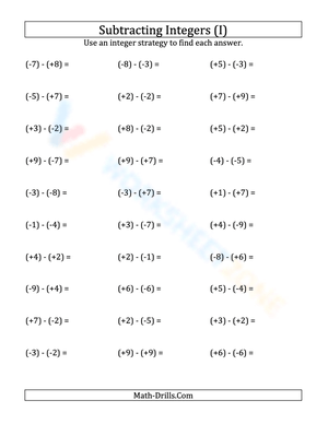 Practice Worksheet: Subtracting Integers with Brackets