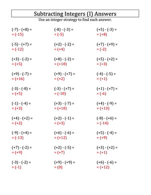 Practice Worksheet: Subtracting Integers with Brackets