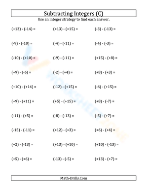 Subtracting Positive And Negative Integers Practice Worksheet
