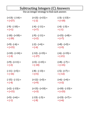 Subtracting Positive And Negative Integers Practice Worksheet