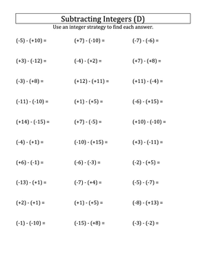 Integer Subtraction Parentheses Practice