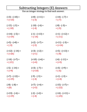 Integer Subtraction Practice