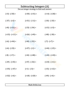 Subtracting Integers Worksheet Using Integer Strategies