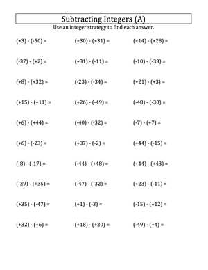 Subtracting Integers Worksheet Using Integer Strategies
