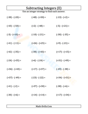 Integer Subtraction with Parentheses: -50 to 50