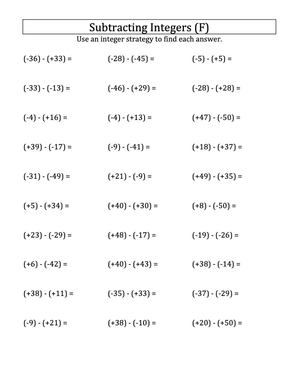 Integer Subtraction with Parentheses -50 to 50