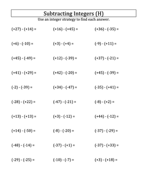 Integer Subtraction: -50 to 50 with Parentheses
