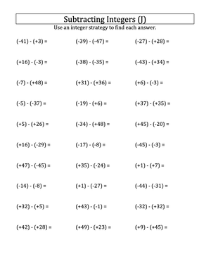 Integer Subtraction with Parentheses Practice
