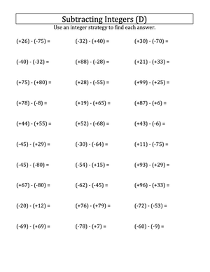 Integer Subtraction -99 to 99 with Parentheses