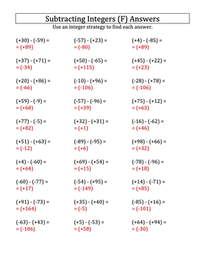 Integer Subtraction Practice (-99 to 99)