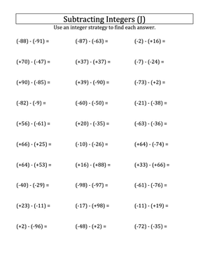 Integer Subtraction with Parentheses -99 to 99