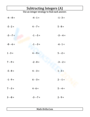 Subtracting Integers without Parentheses (9 to 9)