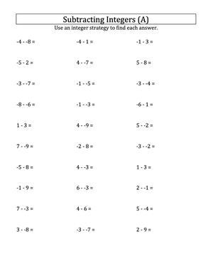 Subtracting Integers without Parentheses (9 to 9)