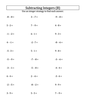 Integer Subtraction Arithmetic Sheet