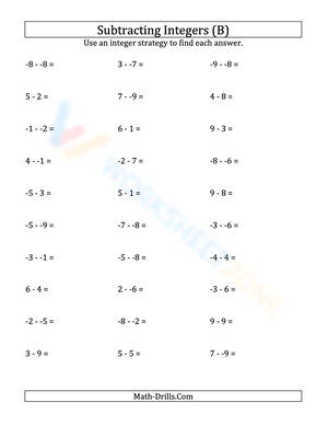 Integer Subtraction Arithmetic Sheet
