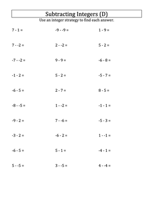 Integer Subtraction: -9 to 9 No Parentheses