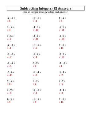 Integer Subtraction Practice: Range -9 to 9