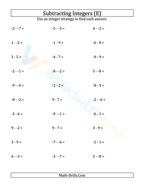 Integer Subtraction Practice: Range -9 to 9
