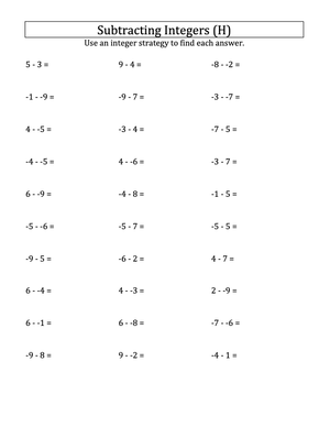 Subtracting Integers Practice Worksheet