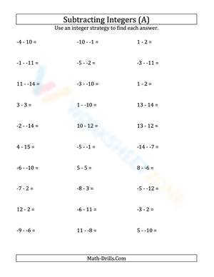 Subtracting Integers without Parentheses (15 to 15)