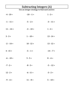 Subtracting Integers without Parentheses (15 to 15)