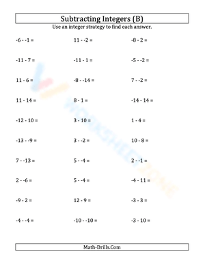 Subtracting Integers Practice Worksheet