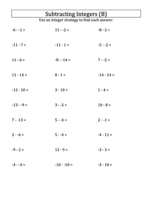 Subtracting Integers Practice Worksheet