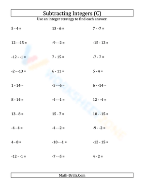 Subtracting Integers: Numbers from -15 to 15