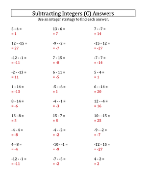 Subtracting Integers: Numbers from -15 to 15