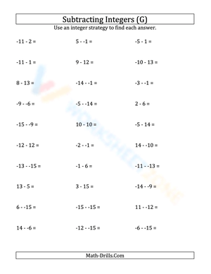 Subtracting Integers Practice Worksheet G