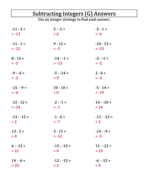 Subtracting Integers Practice Worksheet G