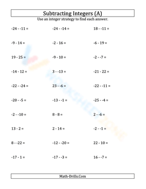 Subtracting Integers without Parentheses (25 to 25)