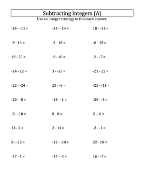 Subtracting Integers without Parentheses (25 to 25)