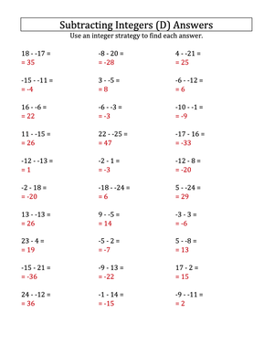 Subtracting Integers: -25 to 25 Practice Sheet