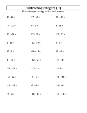 Subtracting Integers: -25 to 25 Practice Problems