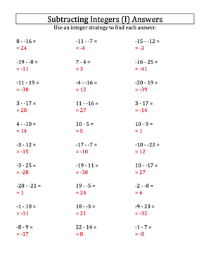 Integer Subtraction Practice: Numbers -25 to 25