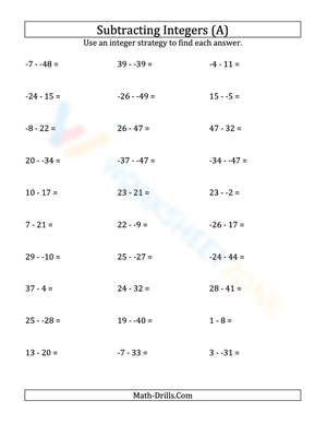 Subtracting Integers without Parentheses (50 to 50)