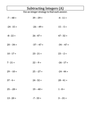 Subtracting Integers without Parentheses (50 to 50)