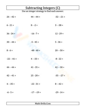 Subtracting Integers: Numbers from -50 to 50