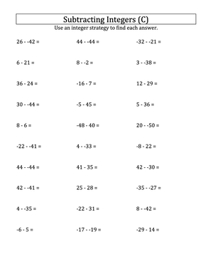 Subtracting Integers: Numbers from -50 to 50