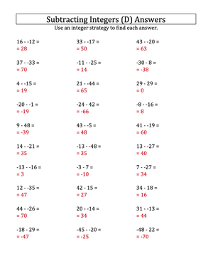 Integer Subtraction Practice Worksheet: -50 to 50