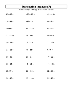 Integer Subtraction: Practice 50 to -50 Without Parentheses