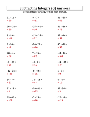 Subtract Integers: Range of -50 to 50 Practice