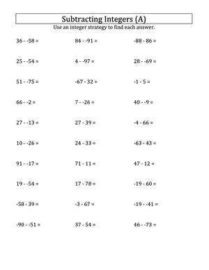 Integer Subtraction: -99 to 99 Practice