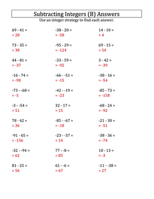 Subtract Integers: -99 to 99 Range Practice
